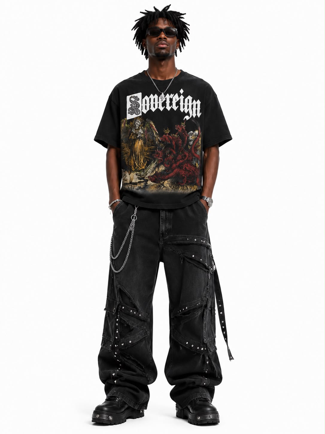 Men Sovereign Revelation 12 Graphic Tee - Washed Gothic Angel & Demon T-Shirt