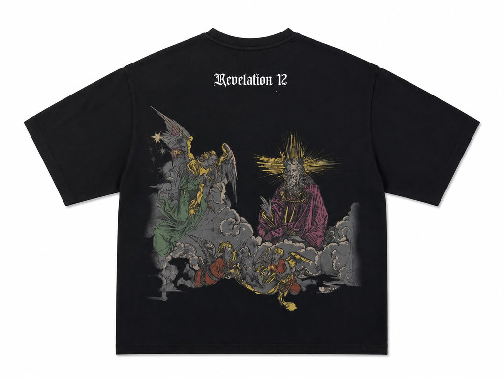 Men Sovereign Revelation 12 Graphic Tee - Washed Gothic Angel & Demon T-Shirt