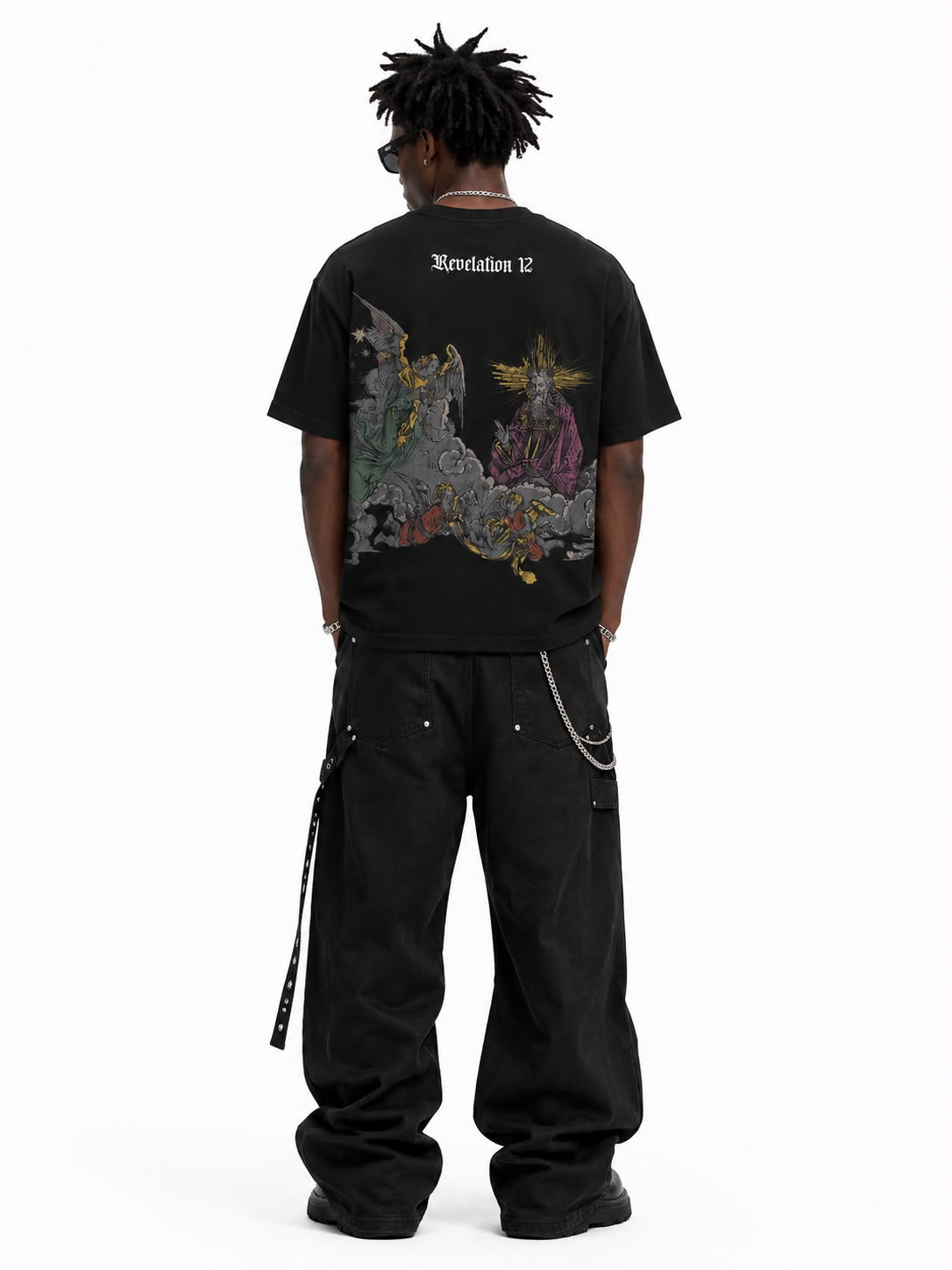 Men Sovereign Revelation 12 Graphic Tee - Washed Gothic Angel & Demon T-Shirt