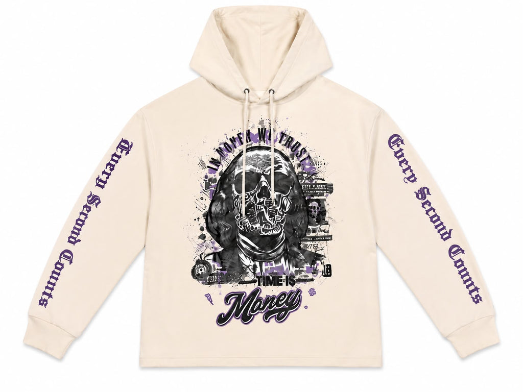 Men "In Money We Trust" Graphic Hoodie - Cream & Purple Skeleton Benjamin Franklin Streetwear Sweatshirt