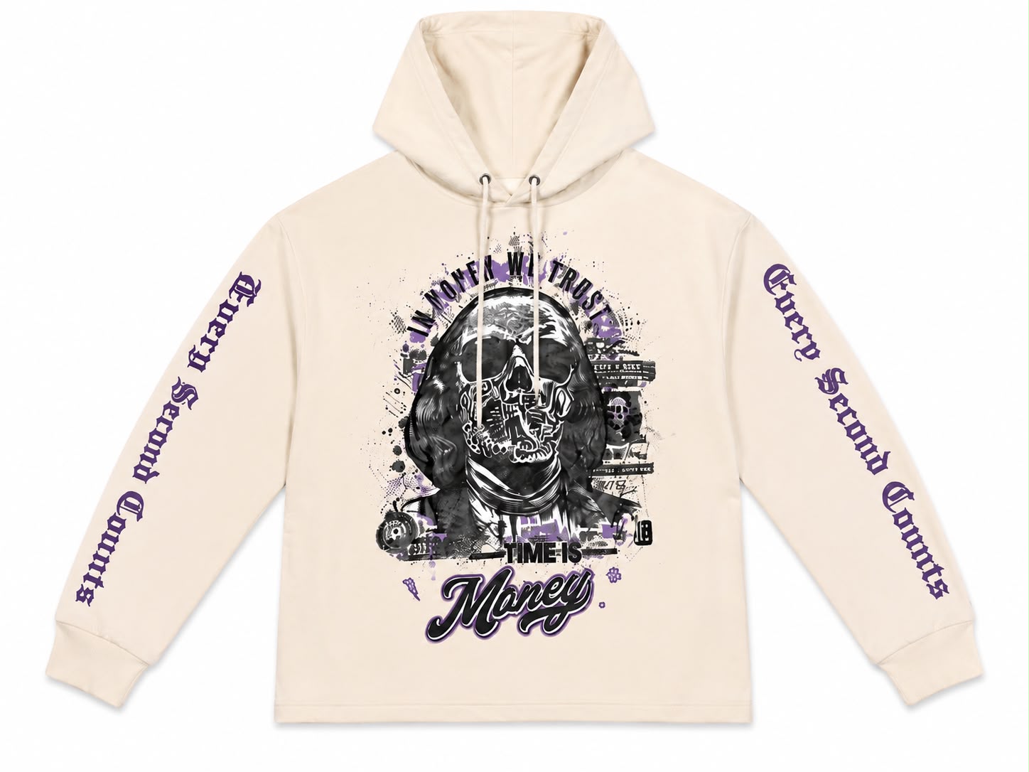 Men "In Money We Trust" Graphic Hoodie - Cream & Purple Skeleton Benjamin Franklin Streetwear Sweatshirt