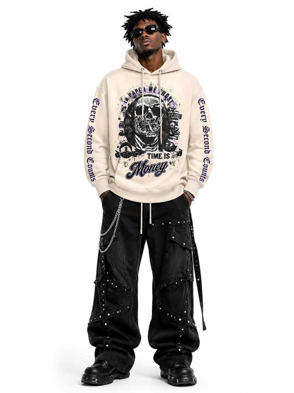 Men "In Money We Trust" Graphic Hoodie - Cream & Purple Skeleton Benjamin Franklin Streetwear Sweatshirt