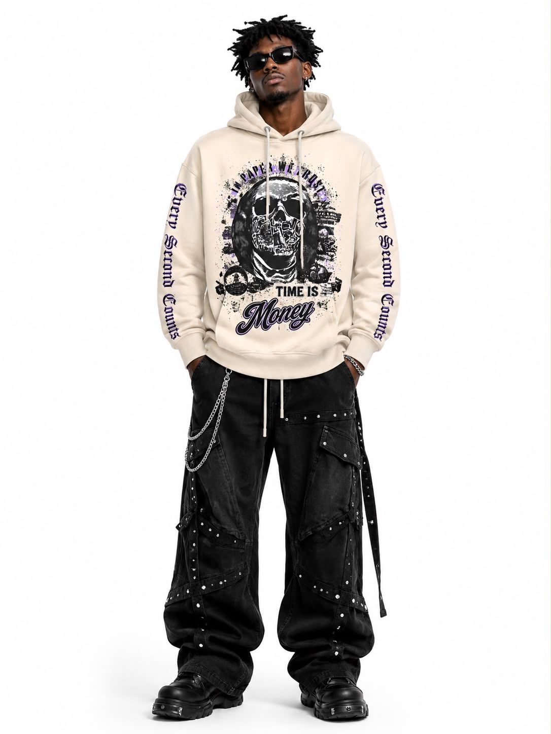 Men "In Money We Trust" Graphic Hoodie - Cream & Purple Skeleton Benjamin Franklin Streetwear Sweatshirt