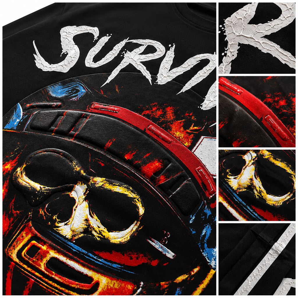 Men "SURVIVAL 01" Graphic Tee – Black Heavyweight Streetwear Racing T-Shirt