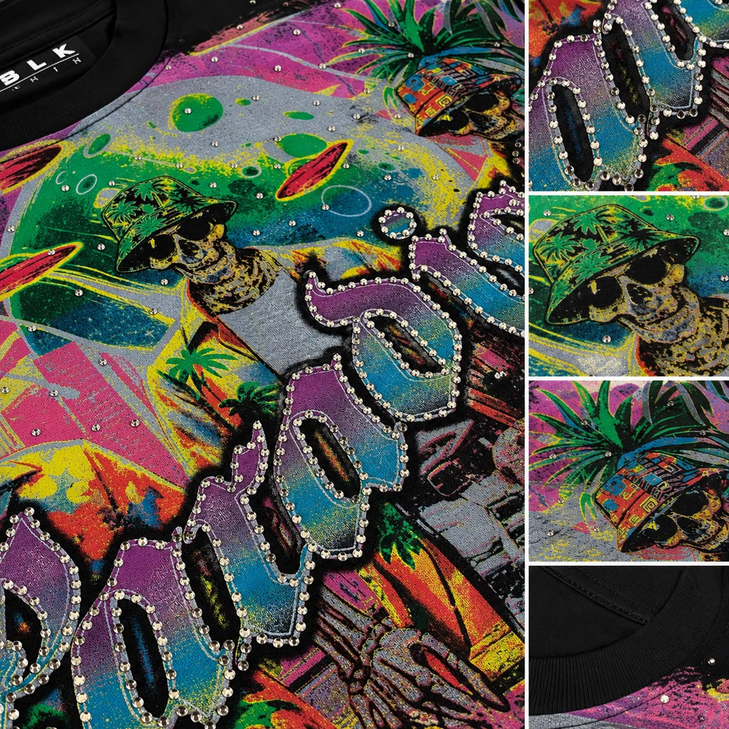Men "Cosmic Paradise" Graphic Tee Regular Fit– Black Y2K Cyberpunk Skeleton Streetwear Heavy Weight T-shirt