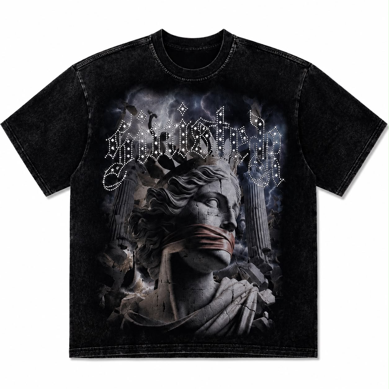 Men over sized "Sinister" Vintage Graphic Tee – Heavyweight Washed Streetwear Rhinestone T-Shirt