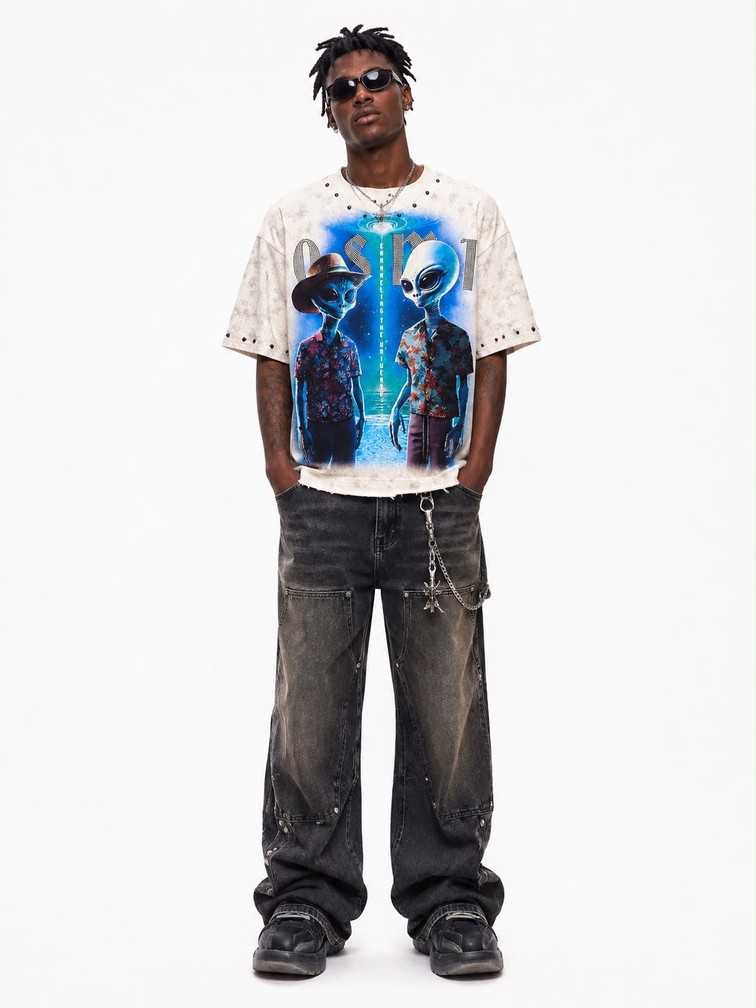 "Cosmic" Cropped  Over Size Heavy Weight Street Wear Tee W/Rhinestone & Stud