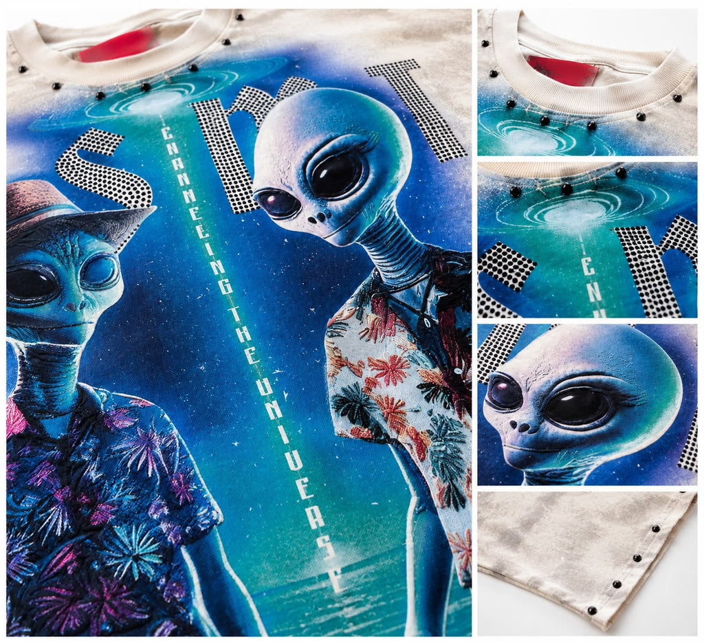 "Cosmic" Cropped  Over Size Heavy Weight Street Wear Tee W/Rhinestone & Stud