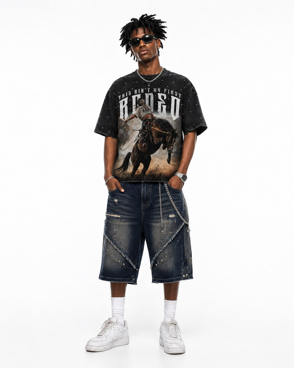 "Rodeo" Cropped Over Size Heavy Weight Street Wear Tee W/RhineStone & Stud