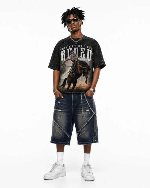 "Rodeo" Cropped Over Size Heavy Weight Street Wear Tee W/RhineStone & Stud