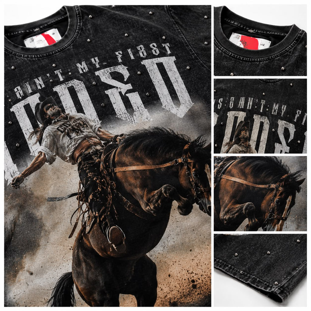 "Rodeo" Cropped Over Size Heavy Weight Street Wear Tee W/RhineStone & Stud