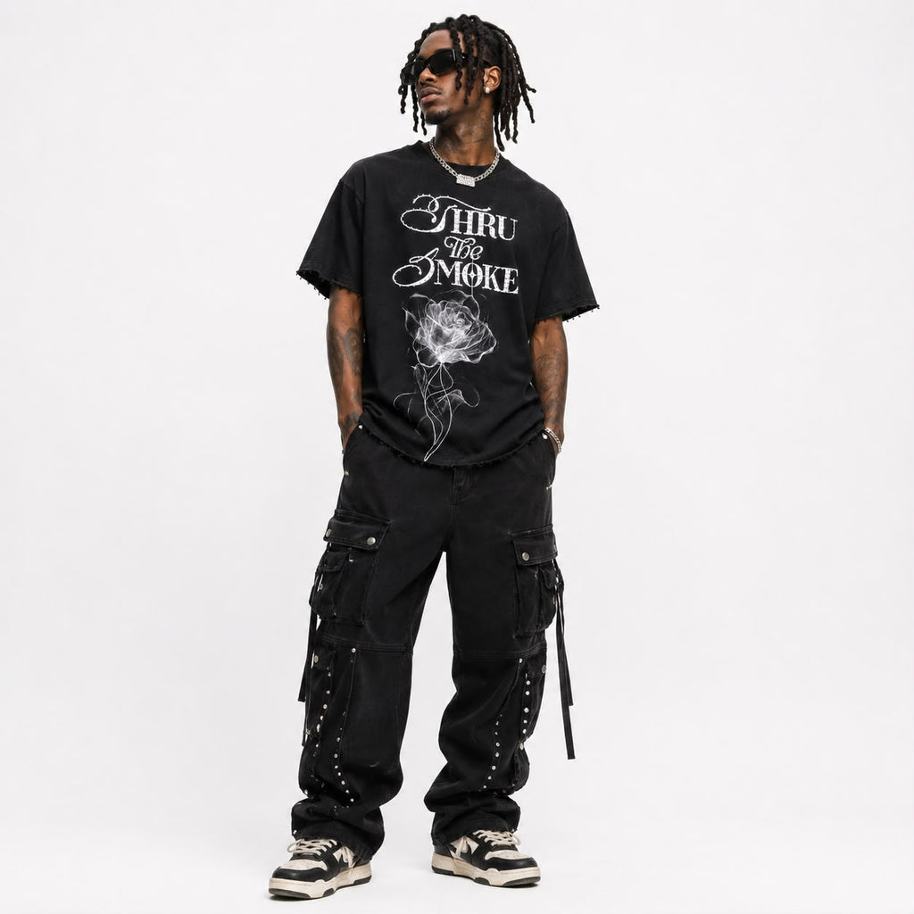 "Thru The Smoke" Cropped  Over Size Heavy Weight Street Wear Tee W/ Rhinestone