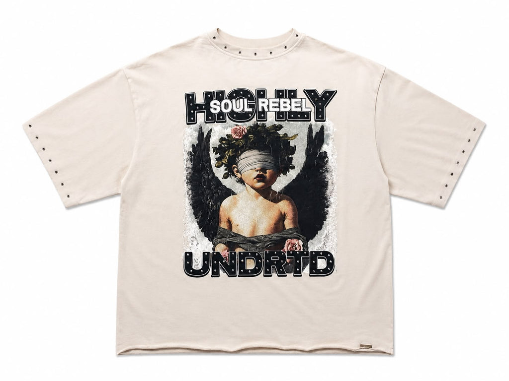 "Soul Rebel" Cropped Over Size Heavy Weight Street Wear Tee W/ Rhinestone & Stud