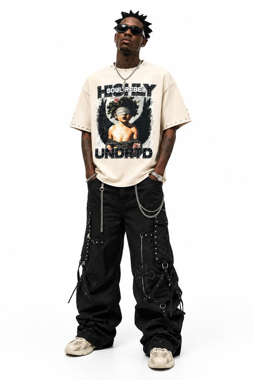 "Soul Rebel" Cropped Over Size Heavy Weight Street Wear Tee W/ Rhinestone & Stud