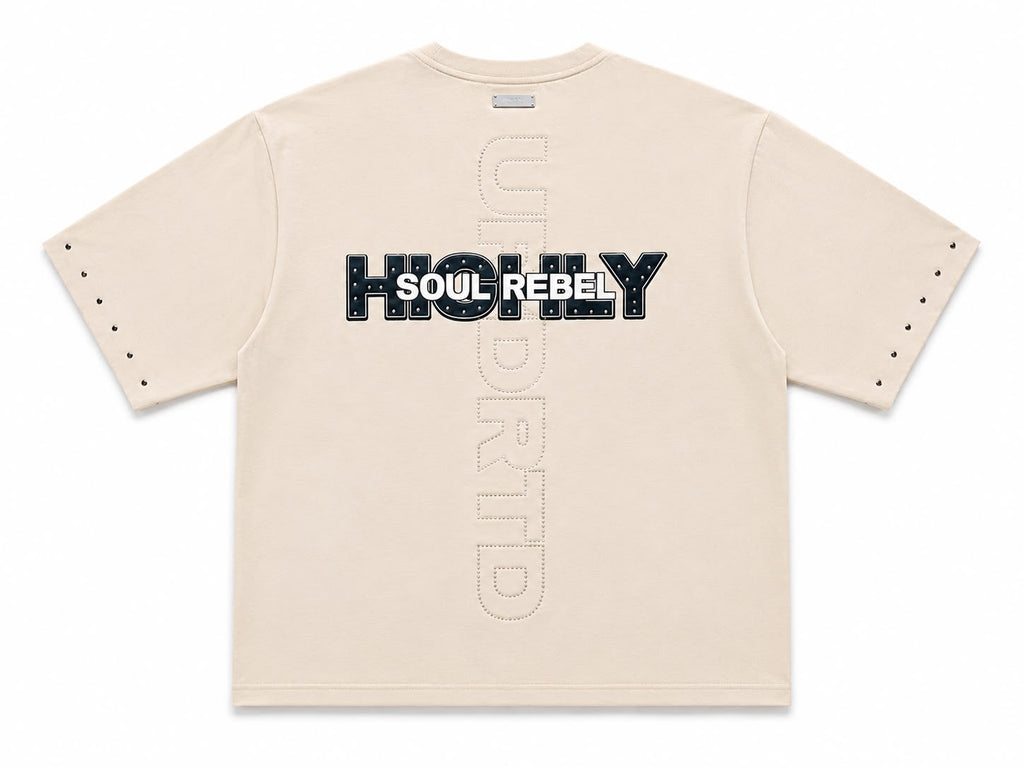 "Soul Rebel" Cropped Over Size Heavy Weight Street Wear Tee W/ Rhinestone & Stud