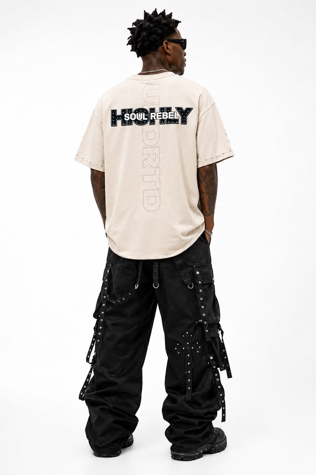 "Soul Rebel" Cropped Over Size Heavy Weight Street Wear Tee W/ Rhinestone & Stud